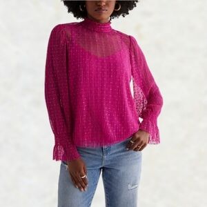 Express Mesh Smocked High Neck Cuff Top Hot Pink Removable Camisole- sz XS